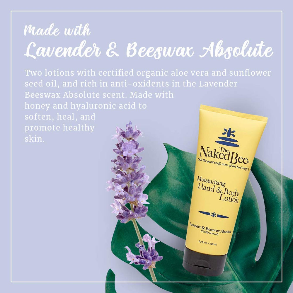 The Naked Bee Lavender & Beeswax Absolute label close-up, highlighting natural ingredients.