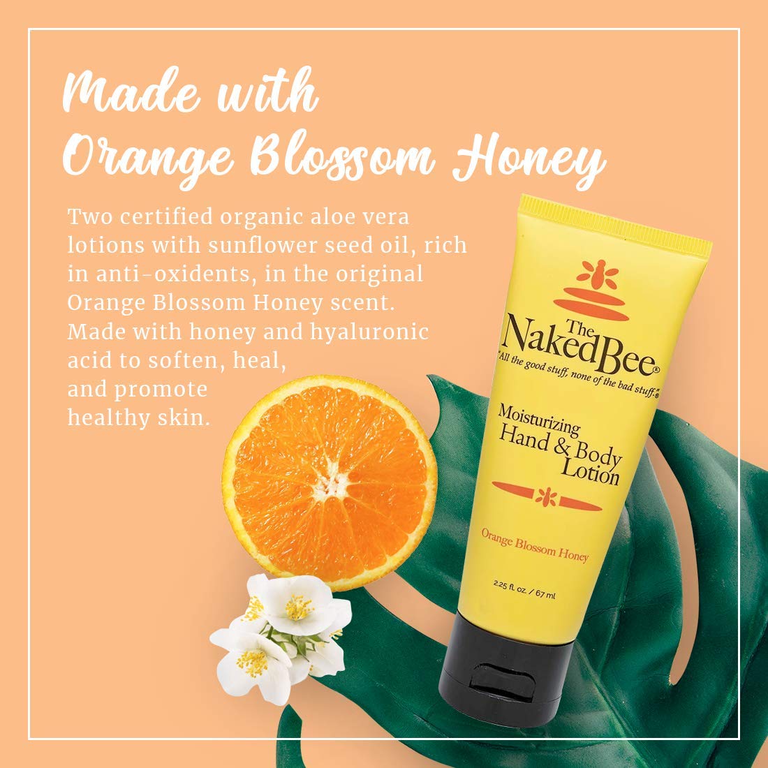 The Naked Bee lotion pump close-up highlighting organic aloe vera and sunflower seed oil for antioxidant care.