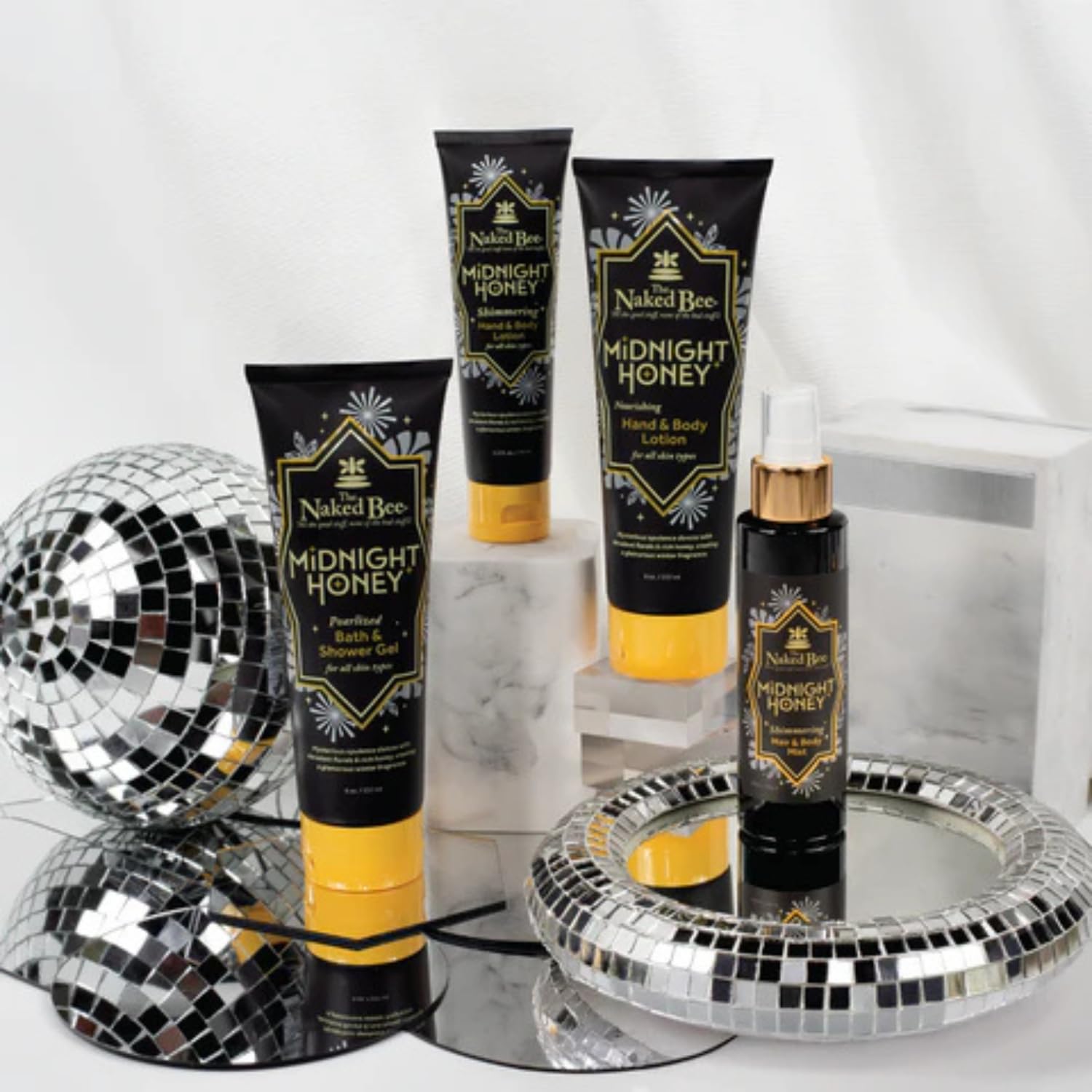Close-up of The Naked Bee Midnight Honey gel label with honey fragrance.