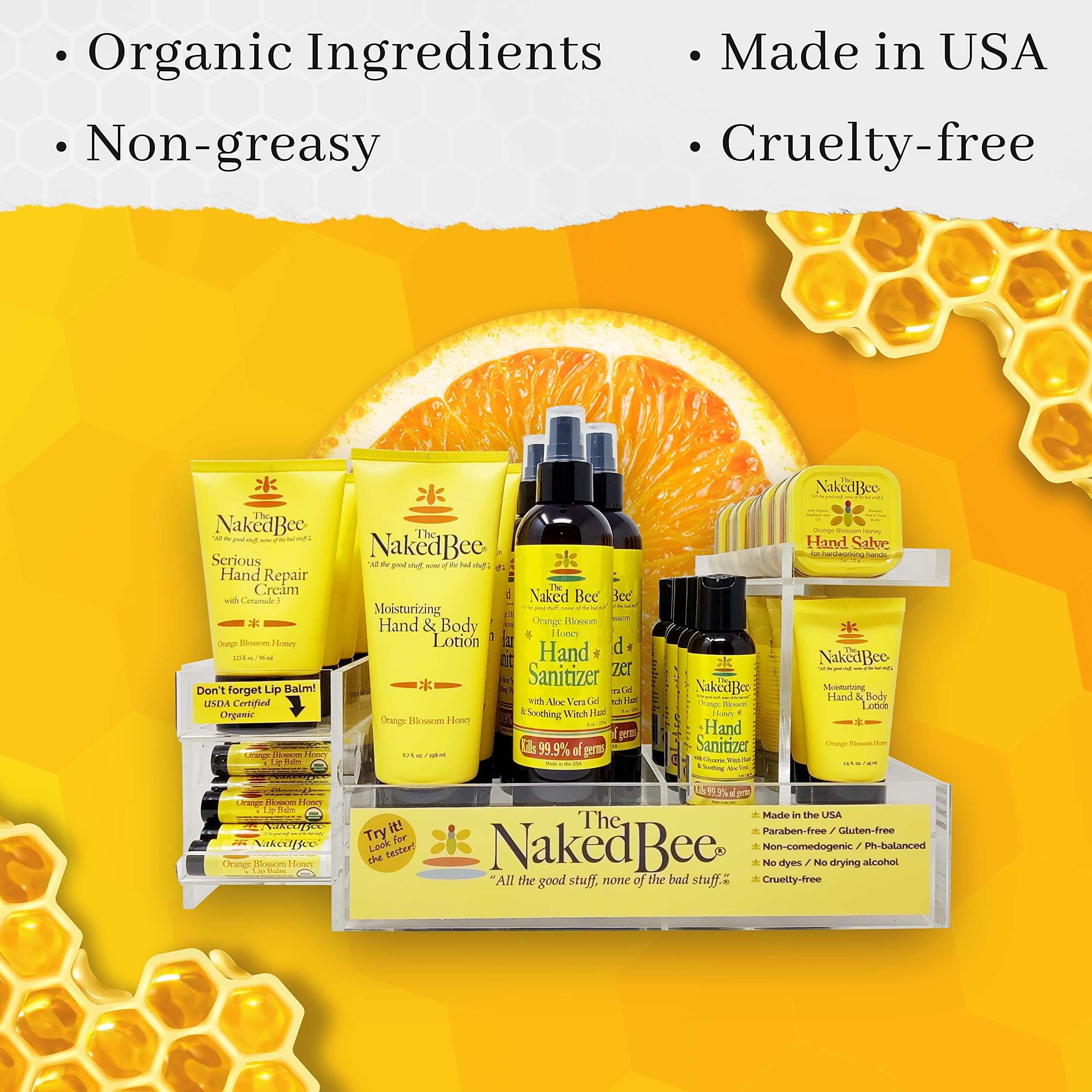 Natural ingredients honey, vanilla, and rose shown with The Naked Bee lotion