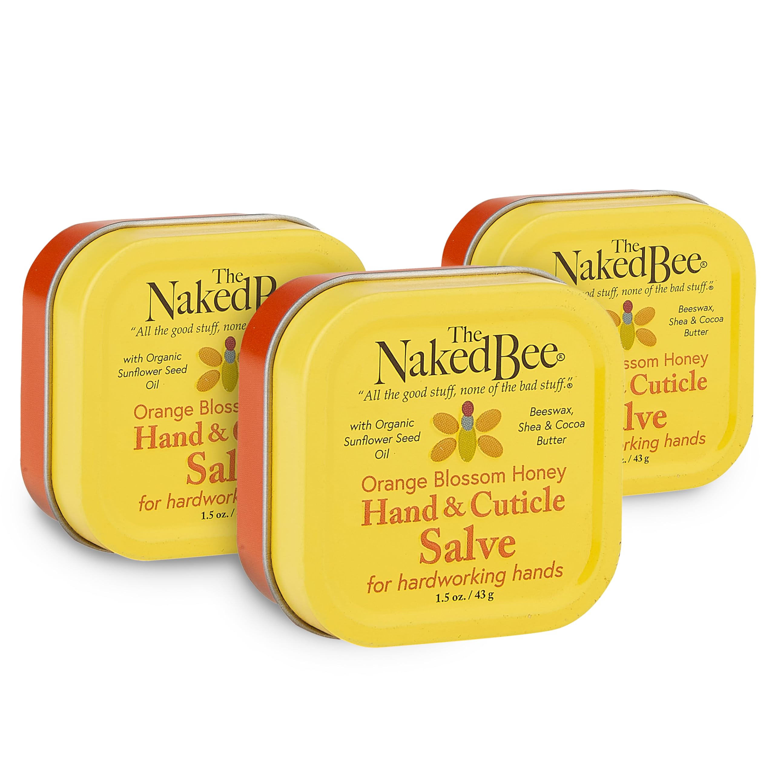 The Naked Bee orange blossom hand salve pack shot with three tins for soothing dry hands