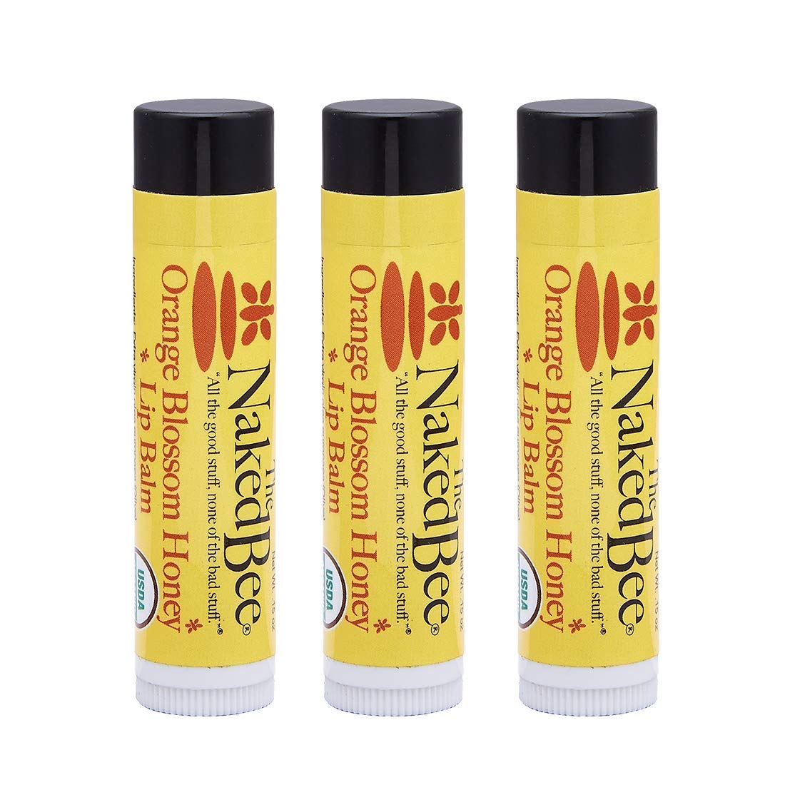 The Naked Bee 3-pack orange blossom lip balm packaging highlights cruelty-free design.