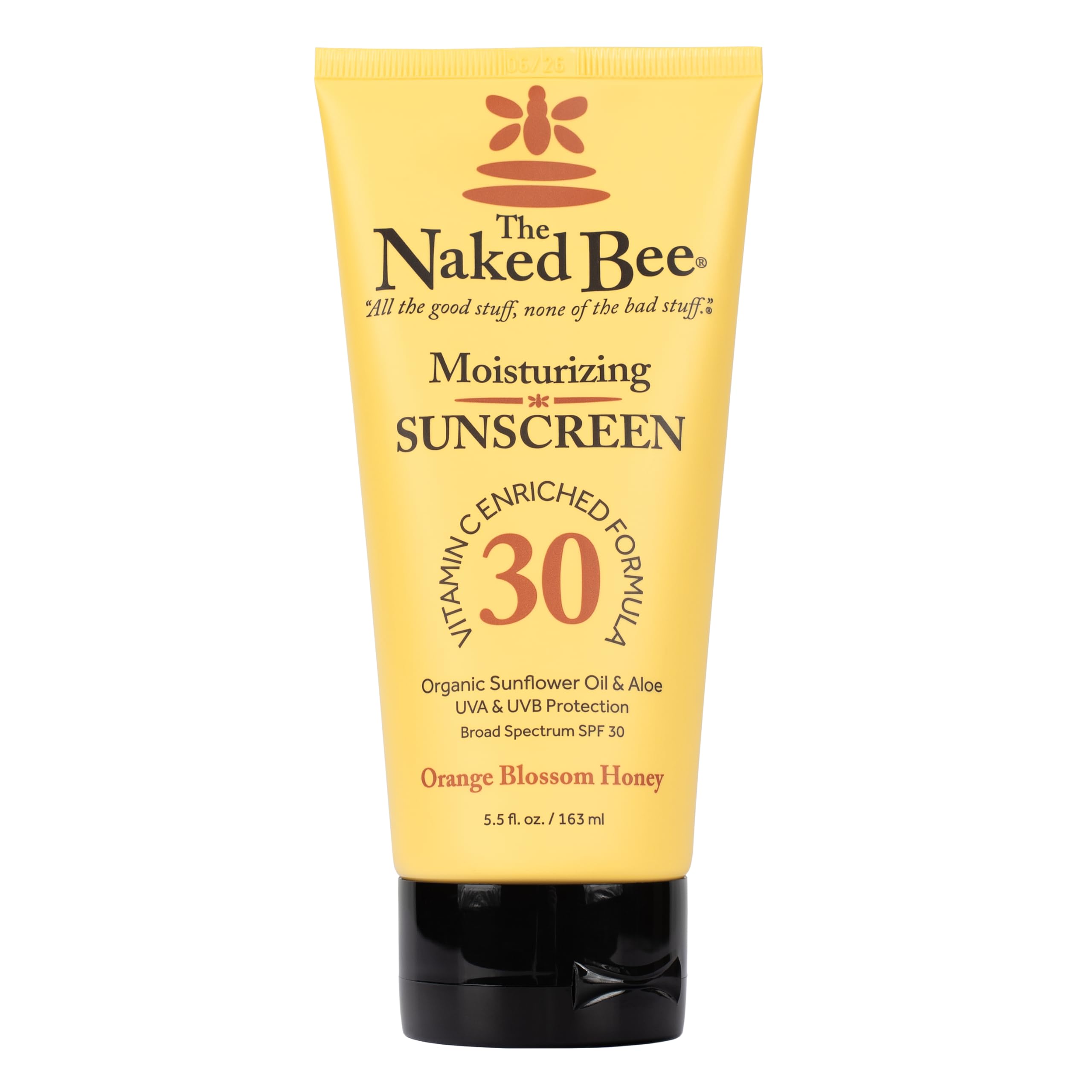 The Naked Bee Vitamin C sunscreen bottle showcases SPF 30 for daily protection and moisturized skin