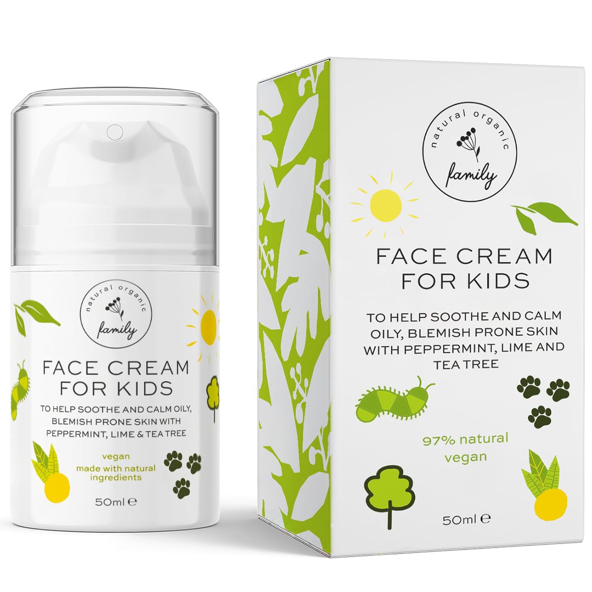 The Natural and Organic Family face moisturizer bottle close-up for kids hydration.