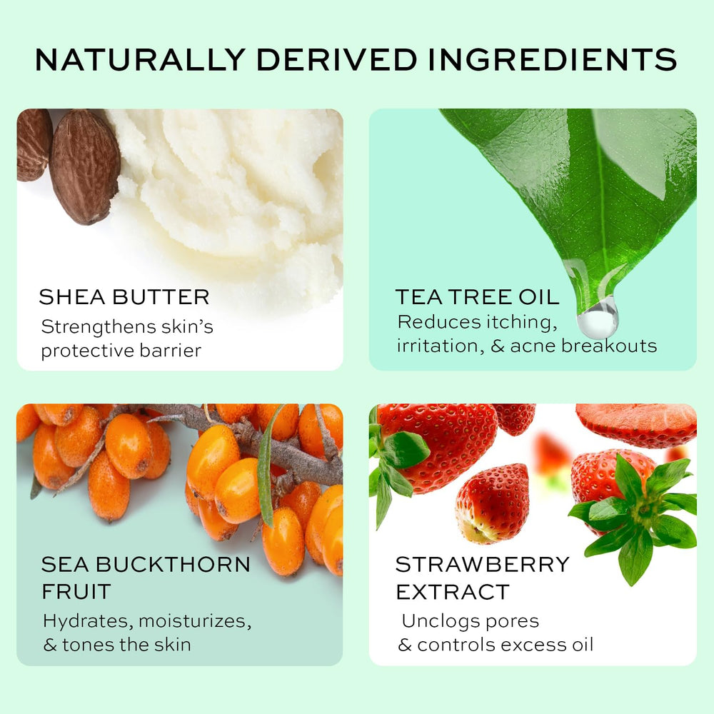 The Natural and Organic Family key ingredients sea buckthorn and strawberry support radiant skin.