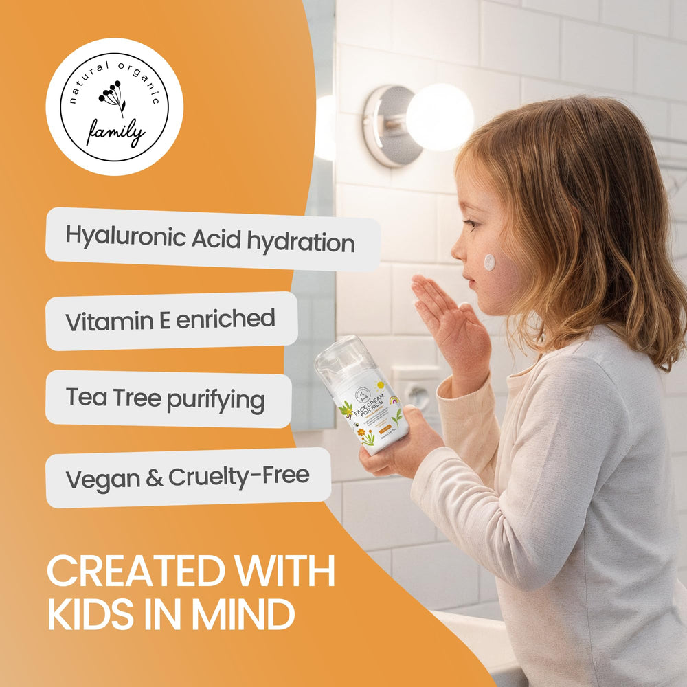 The Natural and Organic Family Kids Face Cream application routine for morning and night