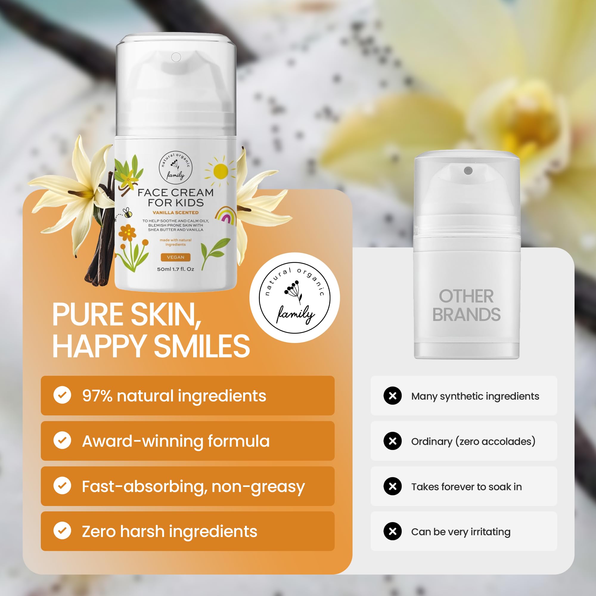 The Natural and Organic Family Kids Face Cream bottle pour enables quick, non-greasy application