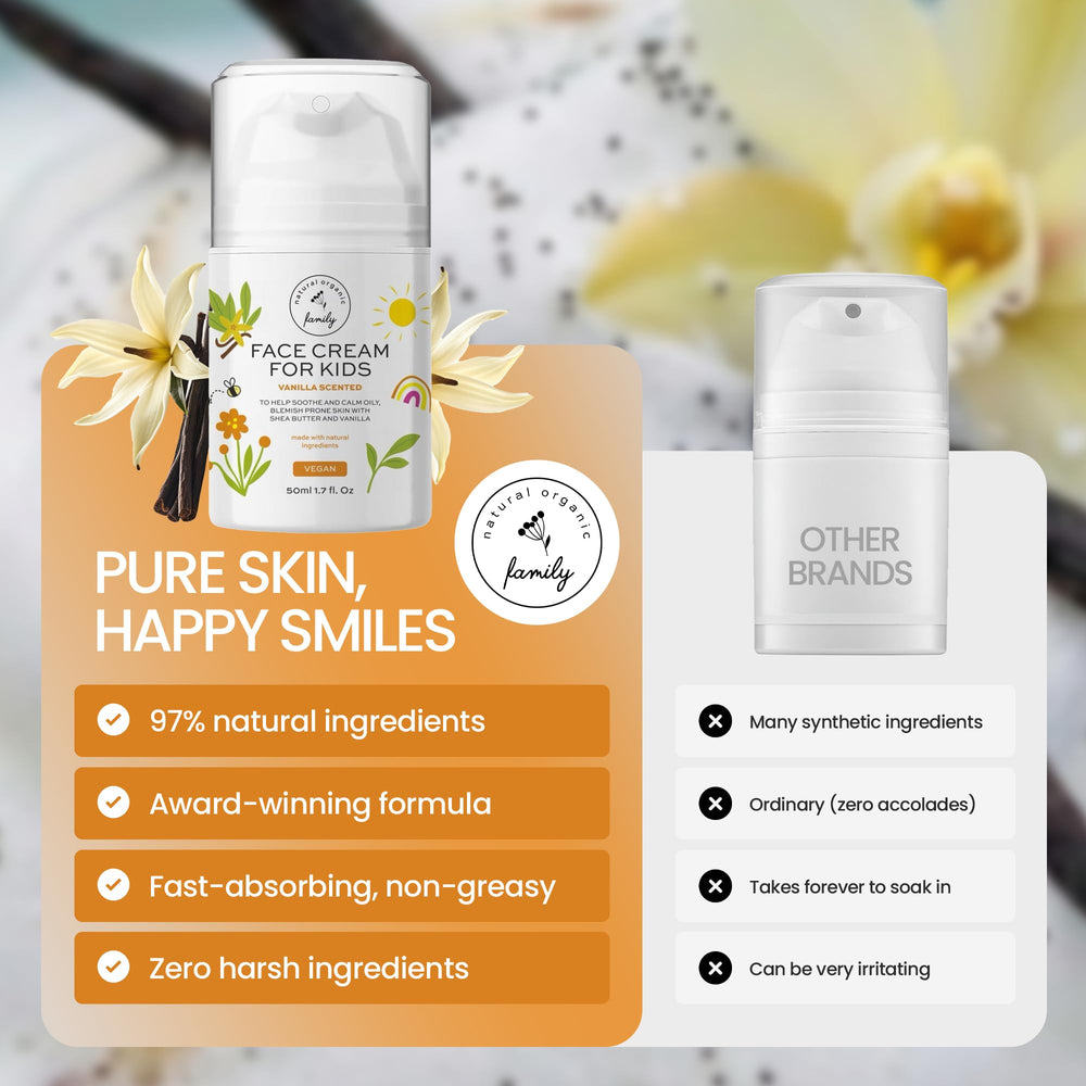 The Natural and Organic Family Kids Face Cream bottle pour enables quick, non-greasy application