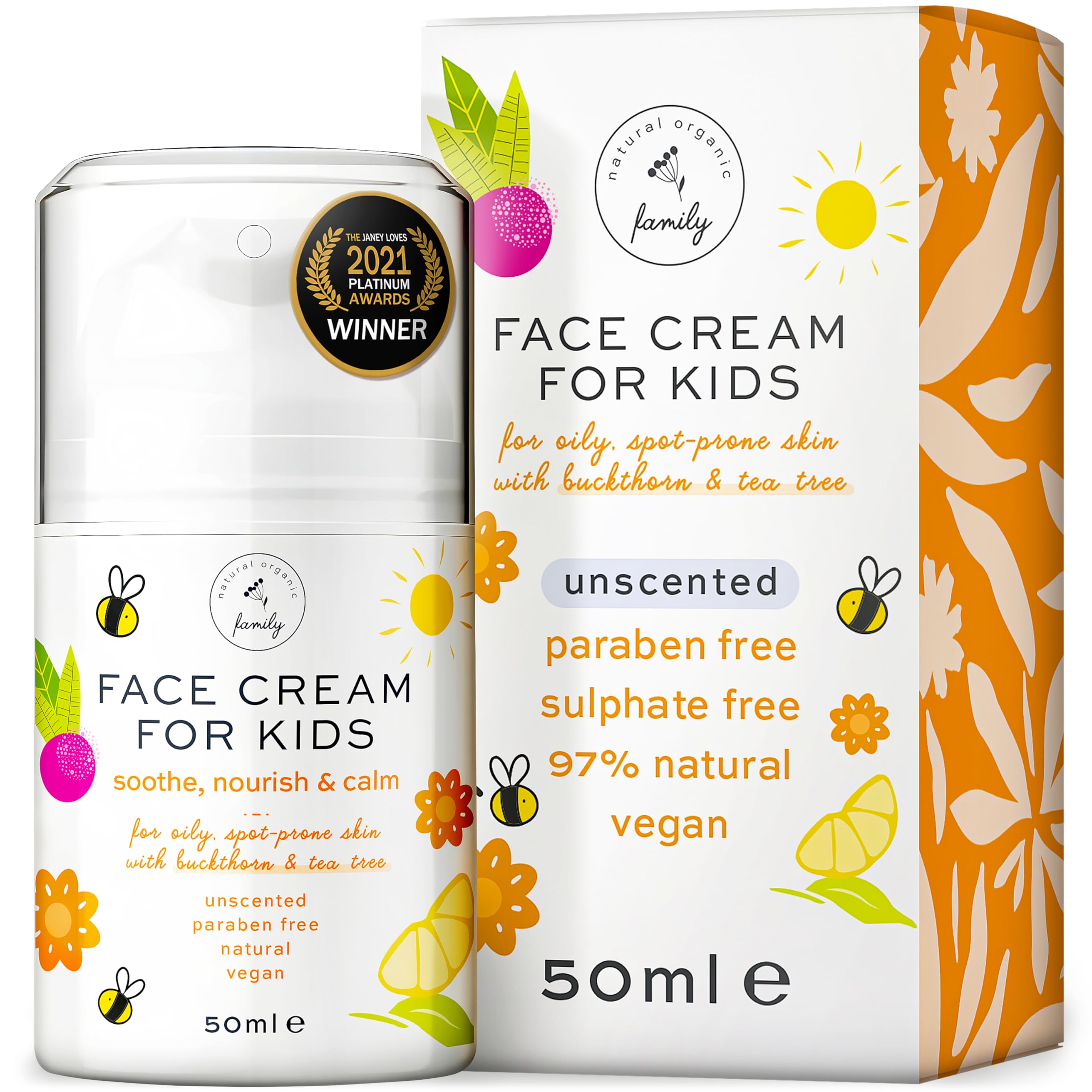 The Natural and Organic Family kids face cream bottle emphasizes a gentle, fragrance-free formula for sensitive skin.