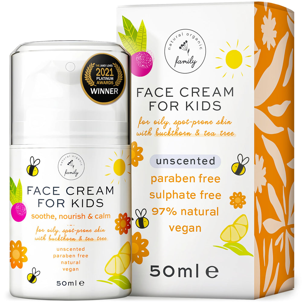 The Natural and Organic Family kids face cream bottle emphasizes a gentle, fragrance-free formula for sensitive skin.