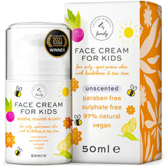 The Natural and Organic Family kids face cream bottle emphasizes a gentle, fragrance-free formula for sensitive skin.