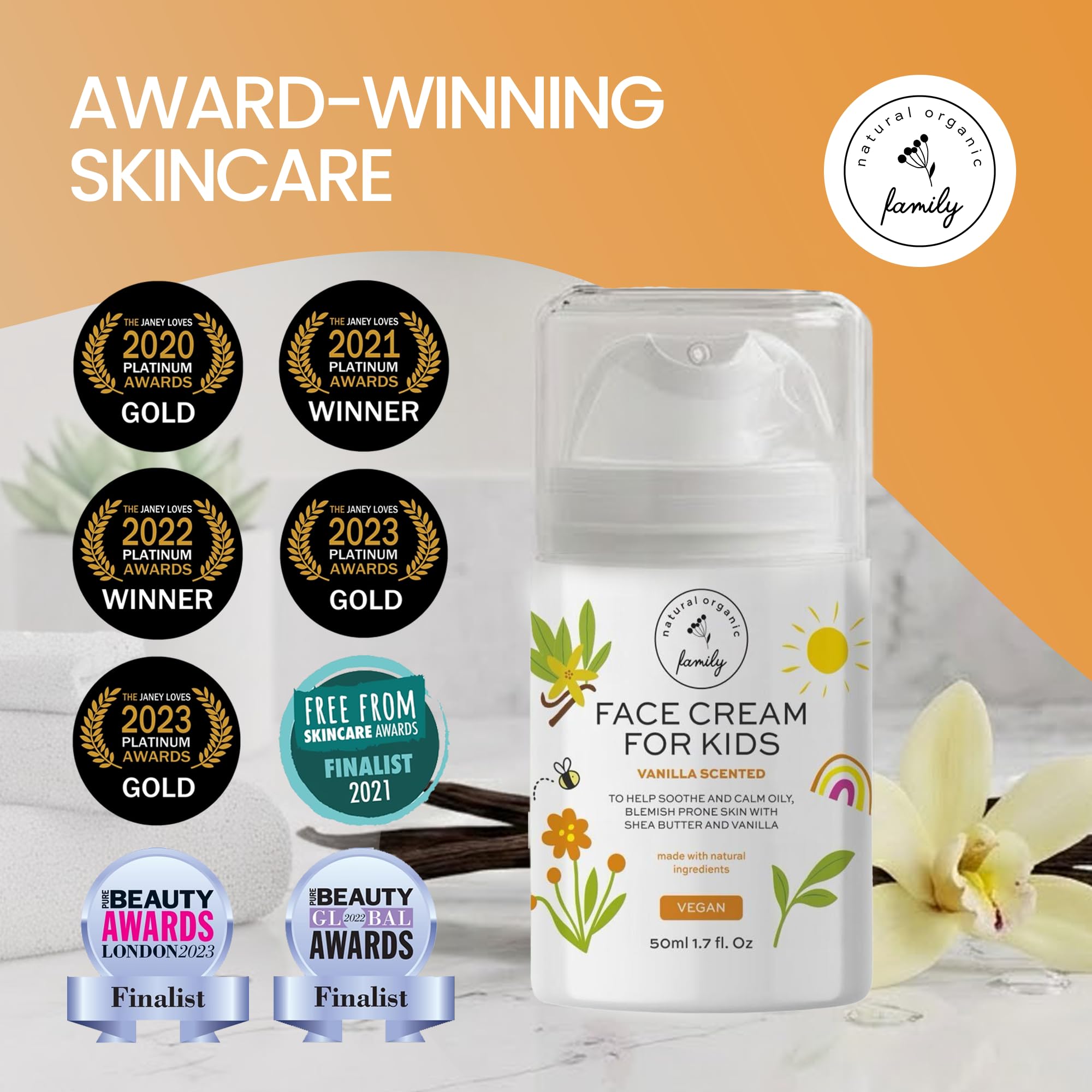 The Natural and Organic Family Kids Face Cream ingredient panel highlights hydrating actives