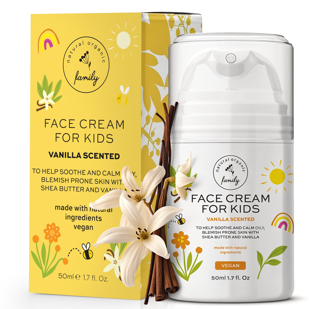 The Natural and Organic Family Kids Face Cream bottle texture for gentle daily hydration