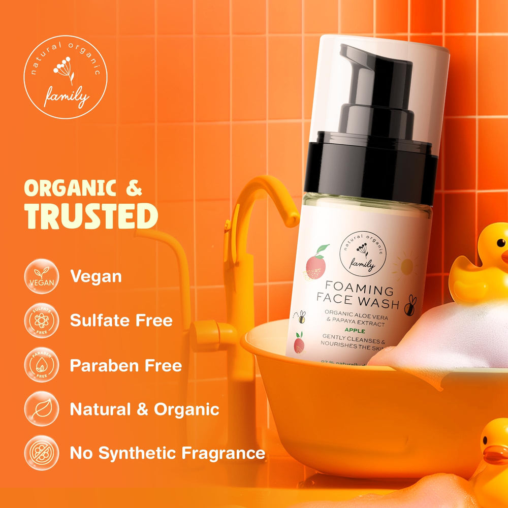 The Natural and Organic Family label close-up showcases organic ingredients and safety commitment.