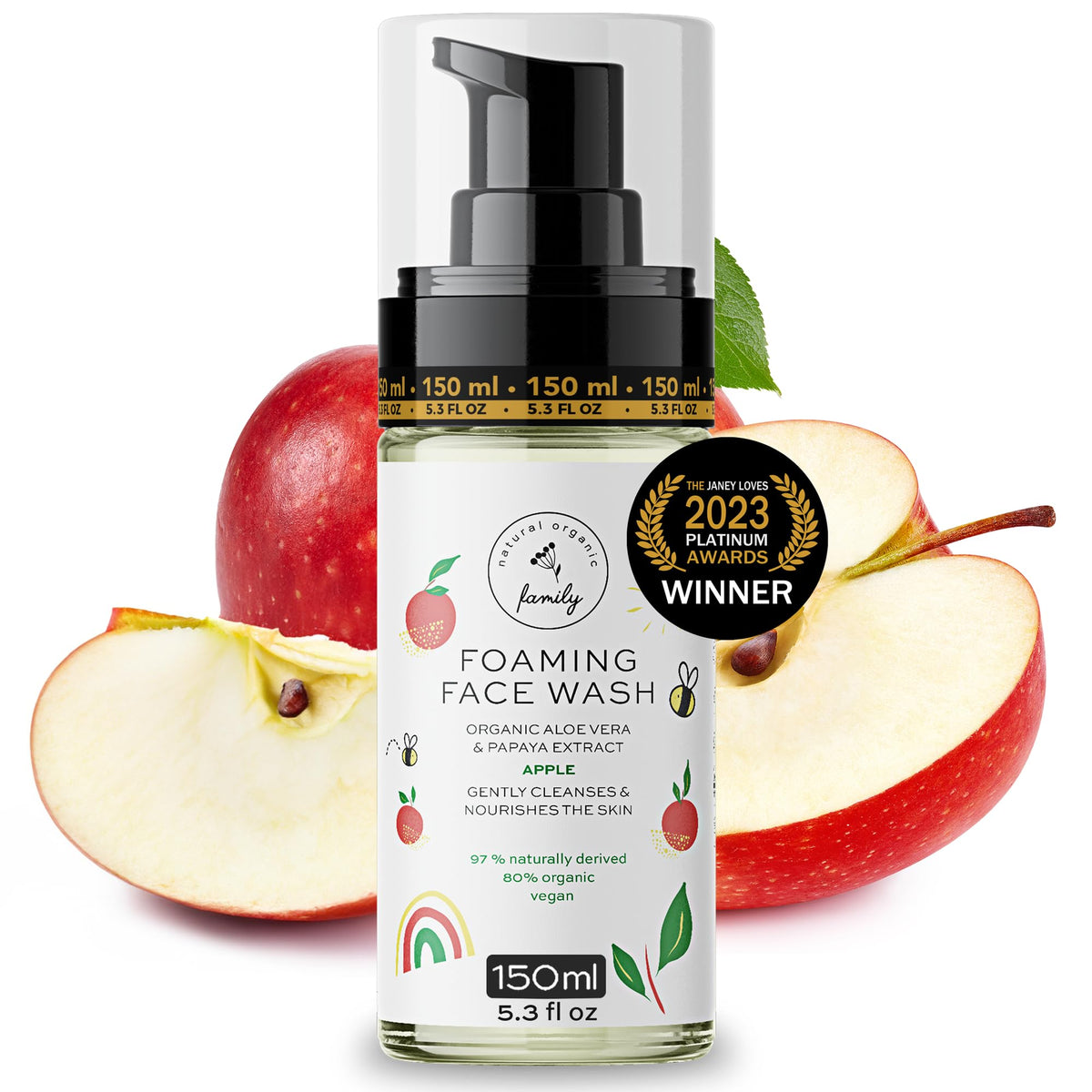 The Natural and Organic Family kids foaming face wash bottle for gentle cleansing.