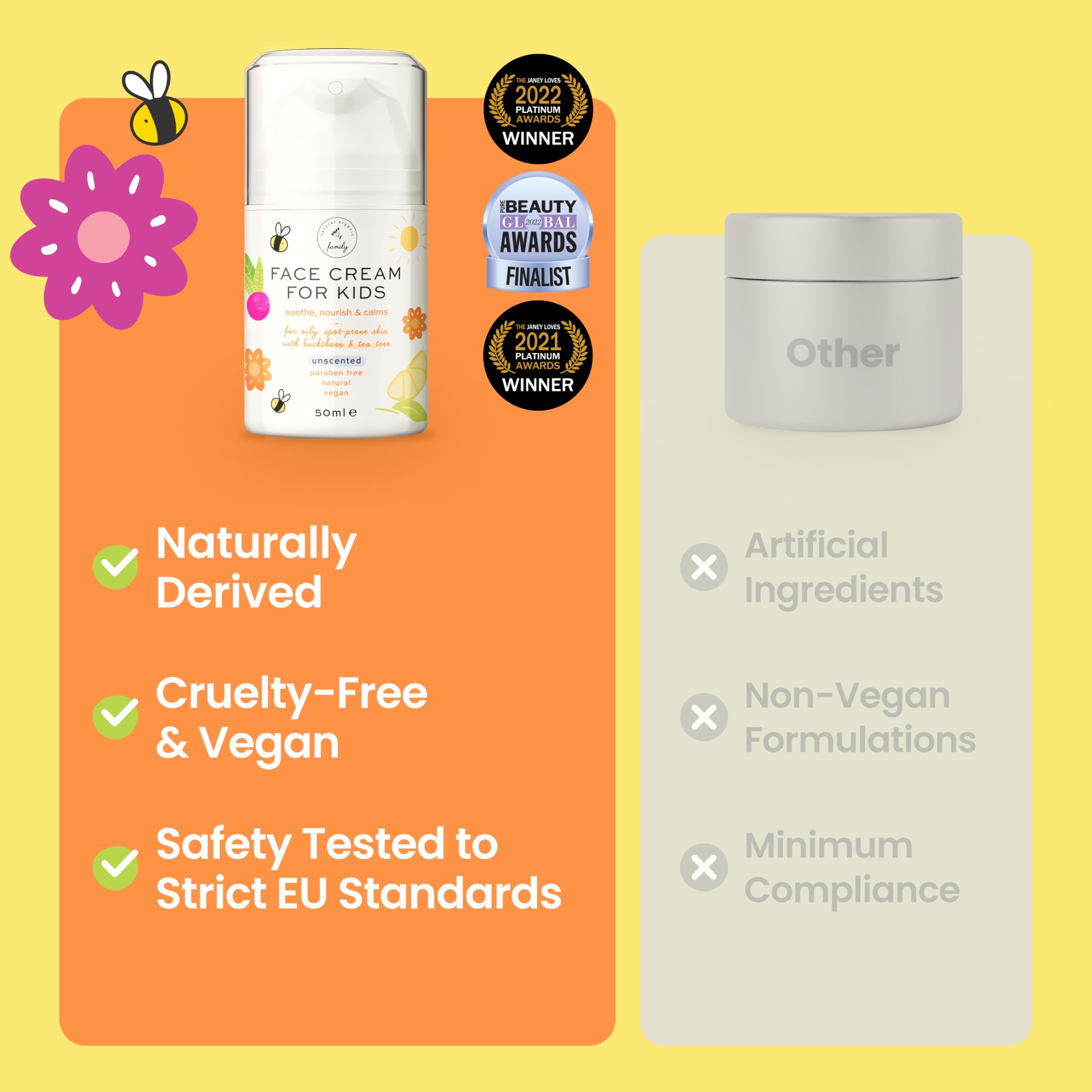 The Natural and Organic Family strawberry-cranberry extract scene suggests gentle soothing properties.