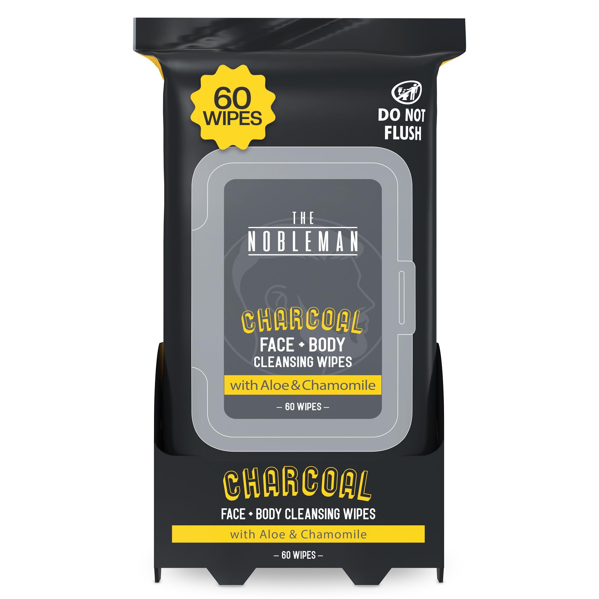 The Nobleman charcoal face and body wipes close-up highlighting charcoal and aloe benefits.