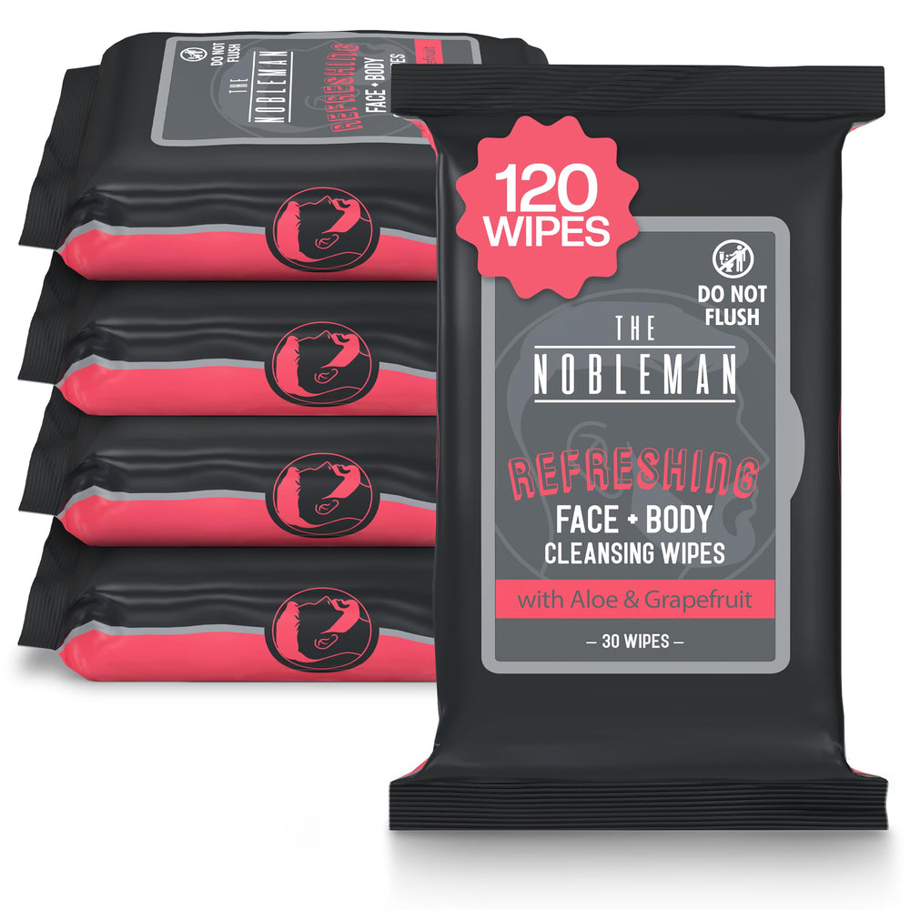 The Nobleman face and body cleansing wipes pack front view for on-the-go refreshment