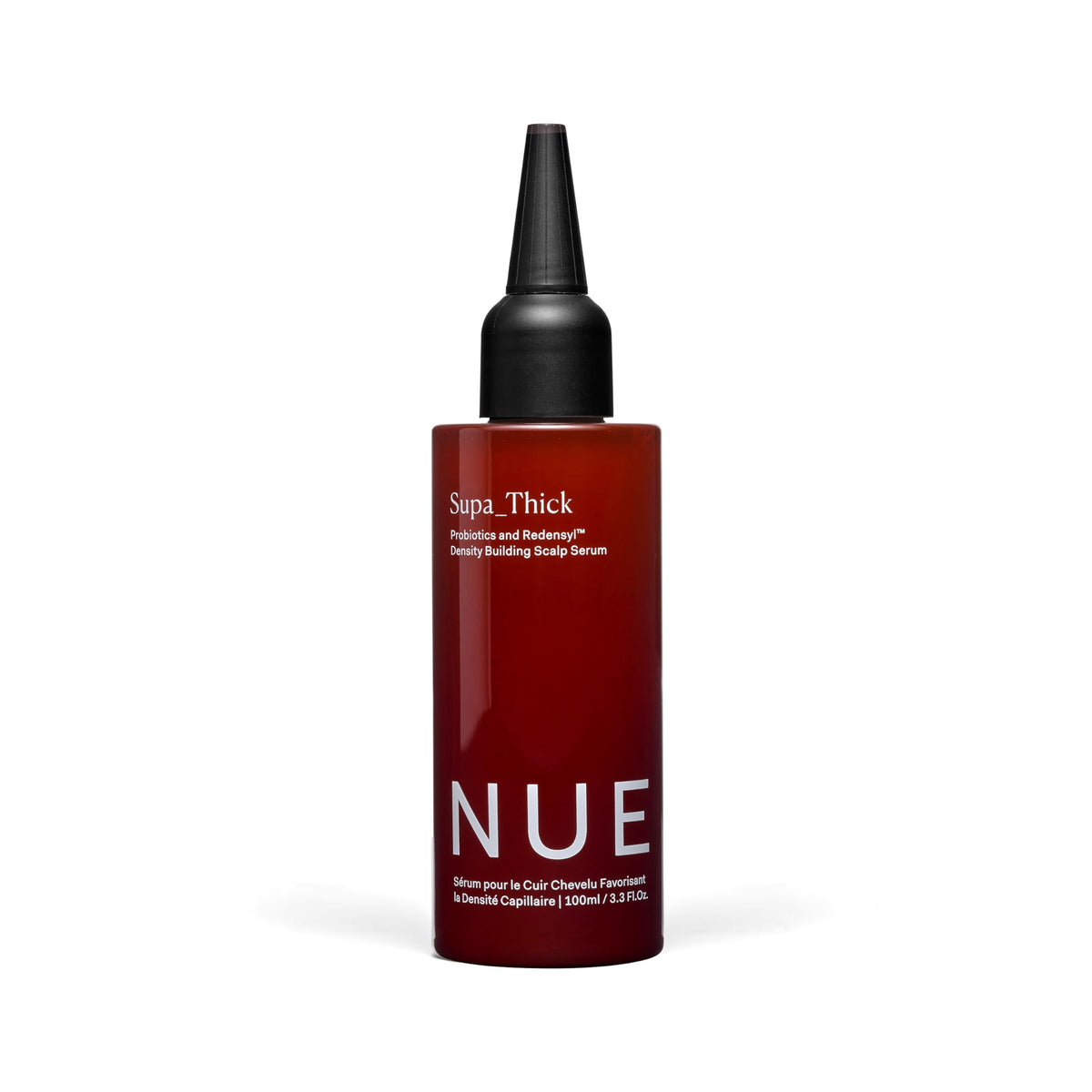 The Nue Co Supa Thick Hair Serum bottle close-up for easy daily use.
