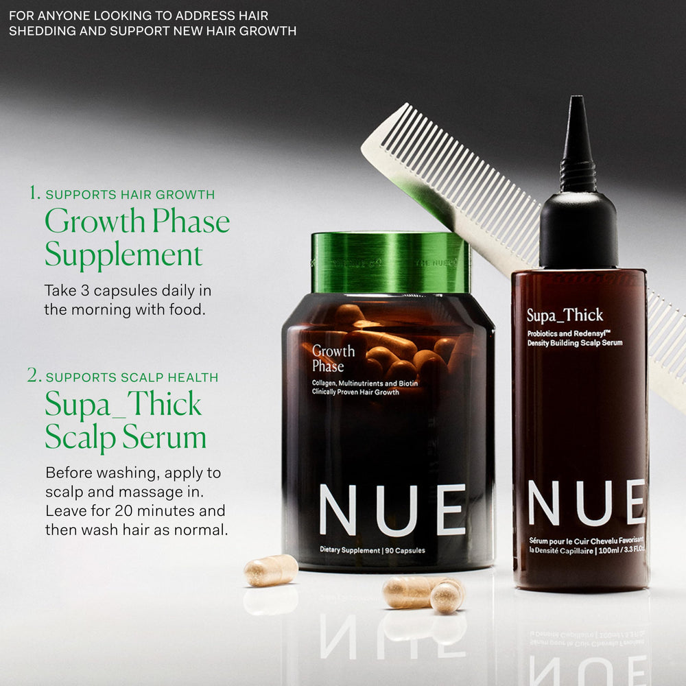 Packaging box of The Nue Co Supa Thick Hair Serum with vegan branding.