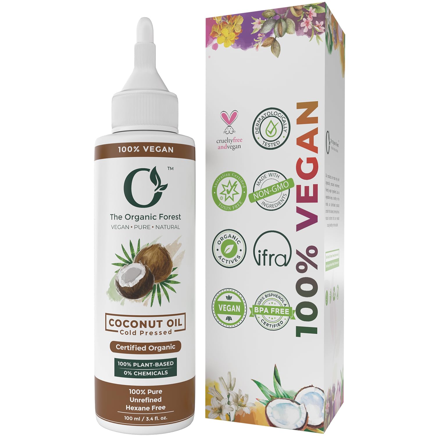 The Organic Forest coconut oil bottle front for daily skin and hair hydration