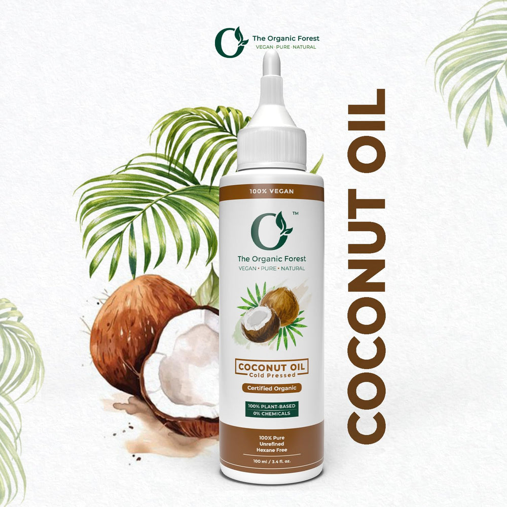 The Organic Forest coconut oil pour showing premium cold-pressed oil for massage