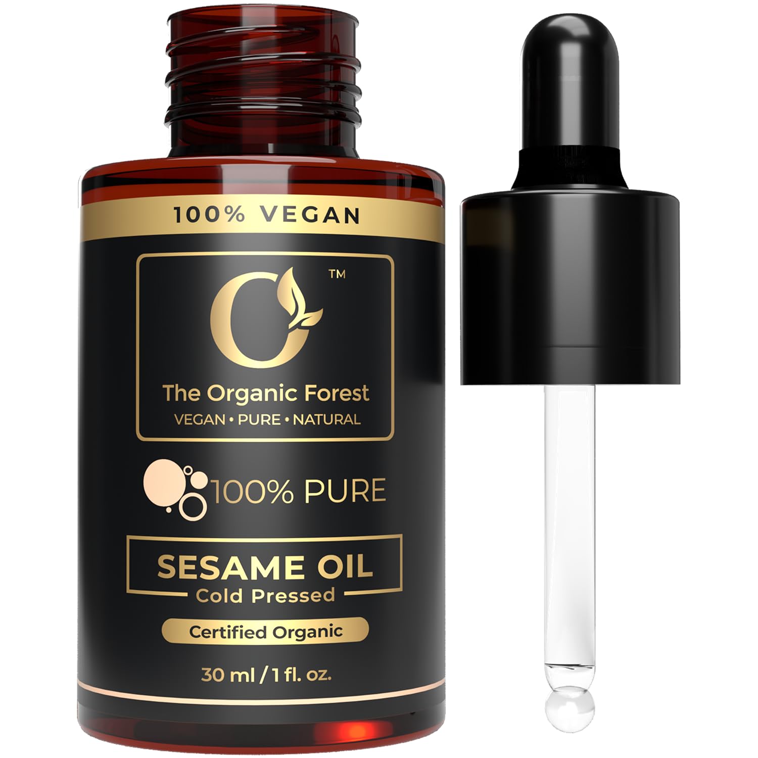 The Organic Forest sesame oil bottle, cold-pressed purity for skin care.