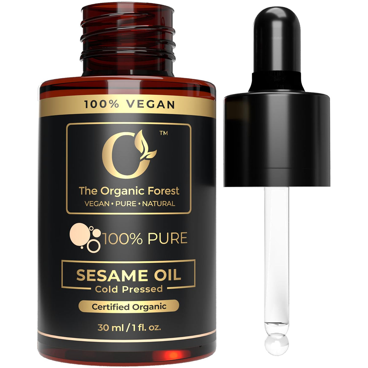 The Organic Forest sesame oil bottle, cold-pressed purity for skin care.
