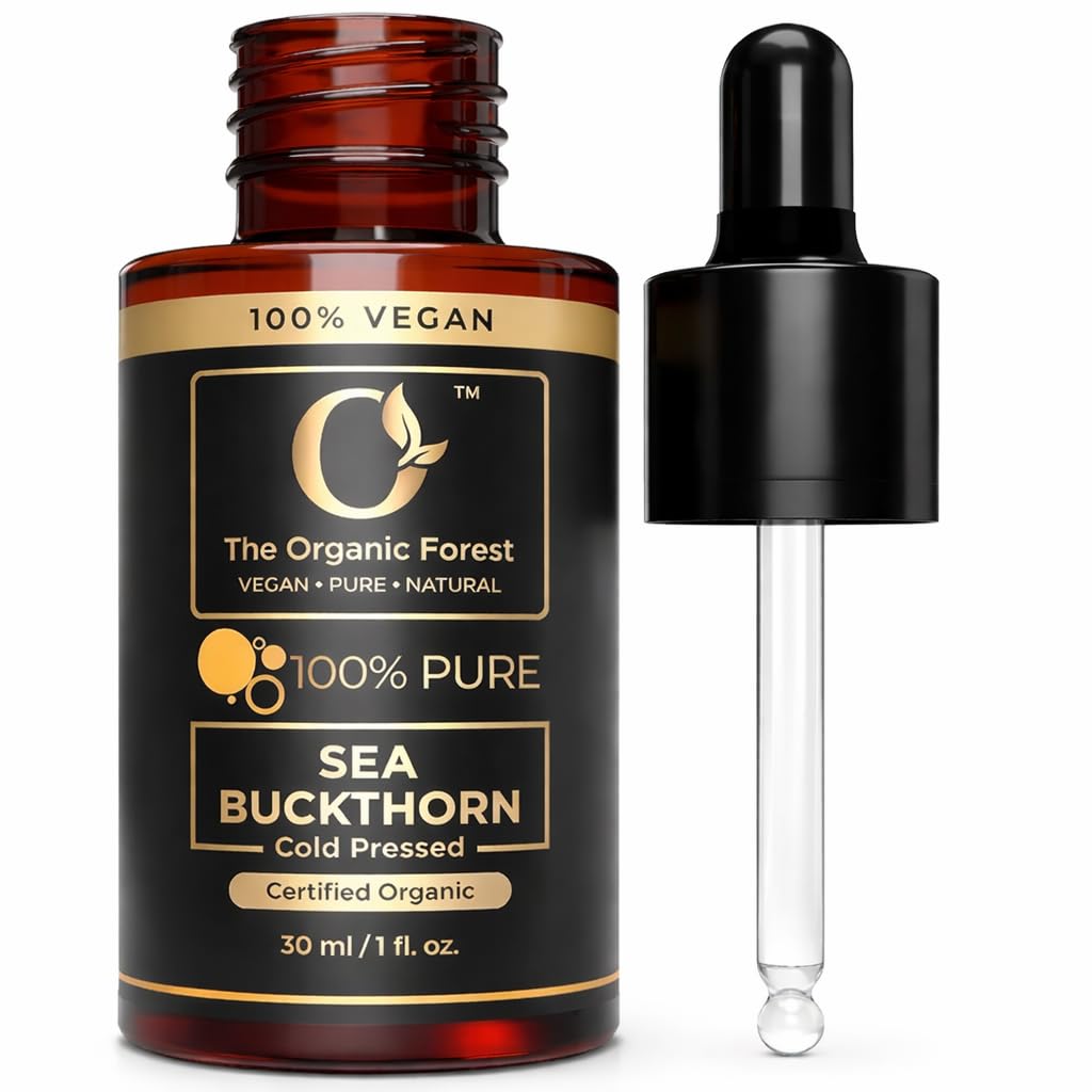 The Organic Forest Sea Buckthorn Oil bottle pour for radiant facial skin