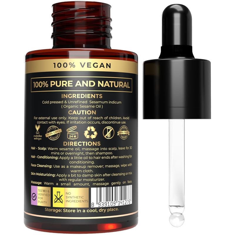 The Organic Forest sesame oil bottle for skin care glow and vitality.