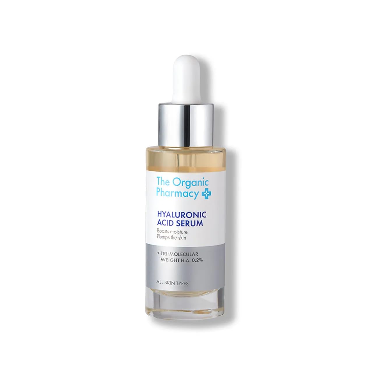 The Organic Pharmacy Hyaluronic Acid Serum bottle for hydrated, refreshed skin.