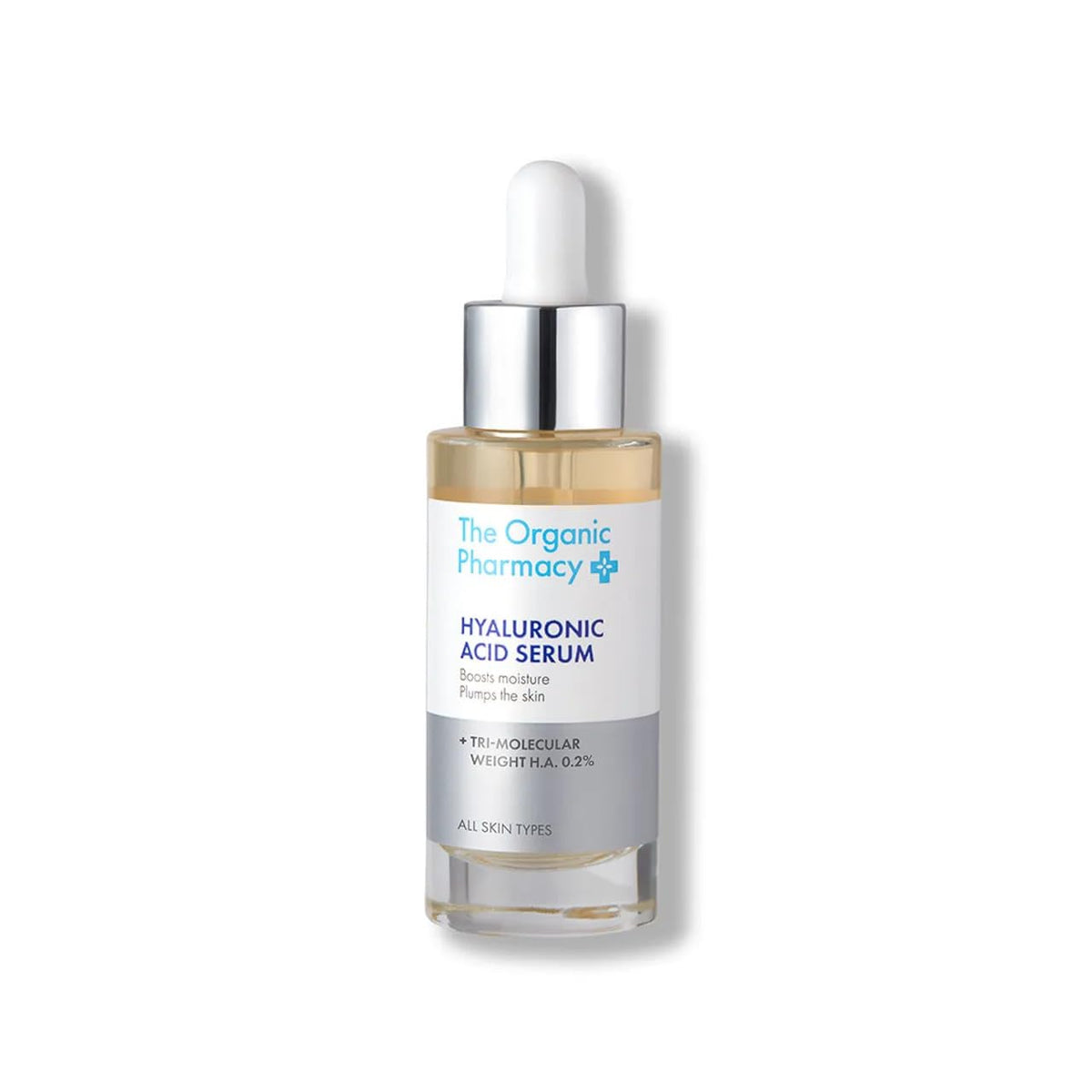 The Organic Pharmacy Hyaluronic Acid Serum bottle for hydrated, refreshed skin.