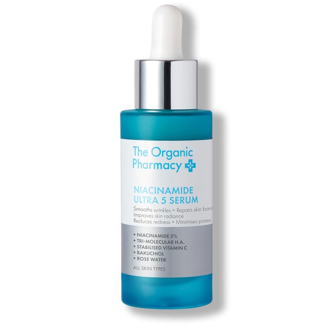 The Organic Pharmacy Niacinamide Ultra 5 Serum bottle for smoother skin and even tone.