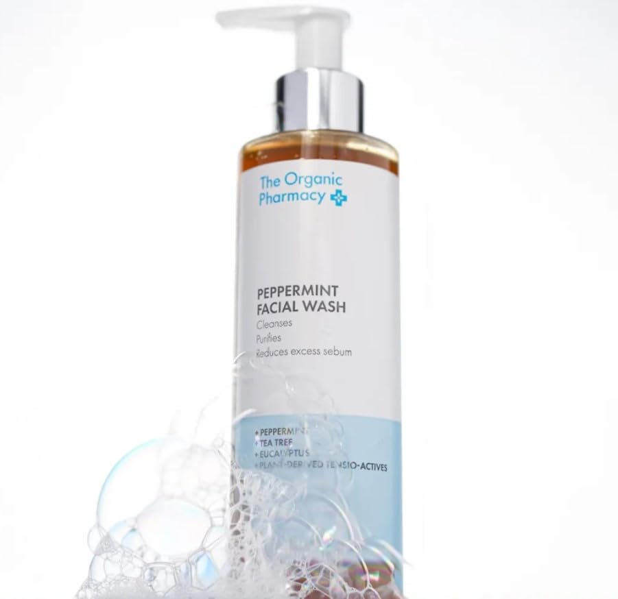 The Organic Pharmacy Peppermint Facial Wash packaging scene highlighting cruelty-free London-made skincare.