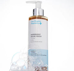 The Organic Pharmacy Peppermint Facial Wash packaging scene highlighting cruelty-free London-made skincare.