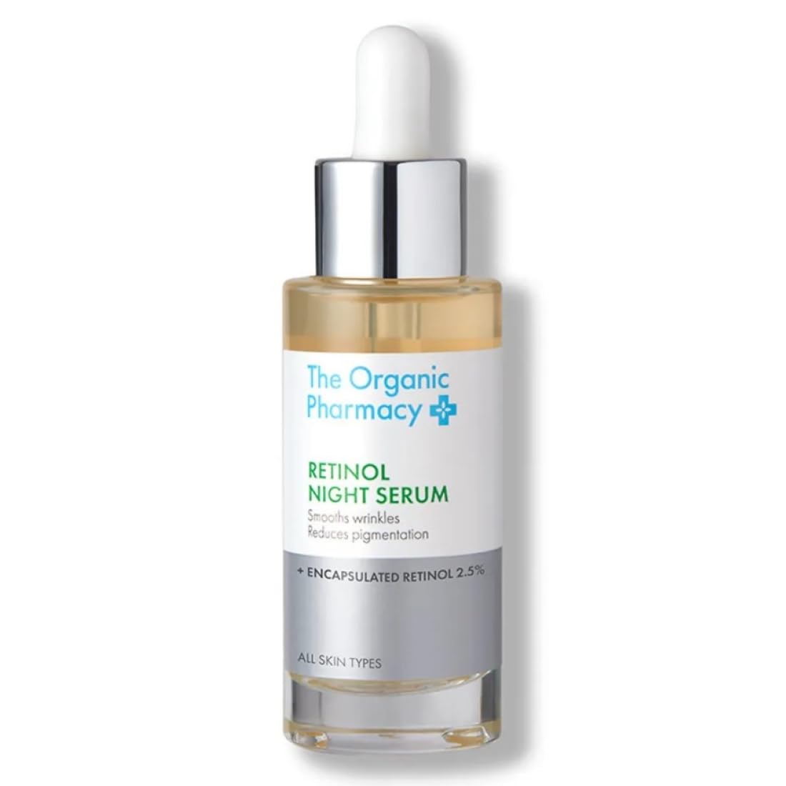 The Organic Pharmacy Retinol Night Serum 30ml bottle shown, supports nighttime renewal for a smoother complexion.