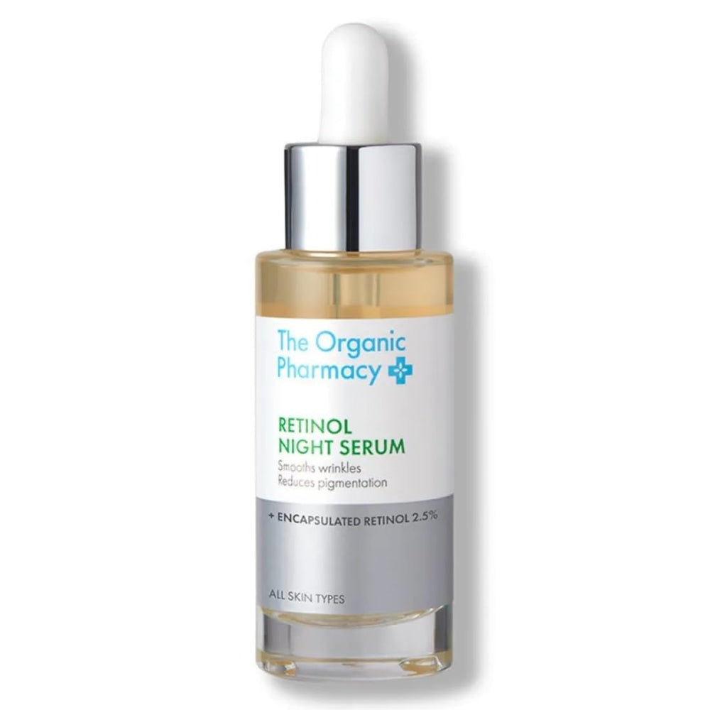 The Organic Pharmacy Retinol Night Serum 30ml bottle shown, supports nighttime renewal for a smoother complexion.