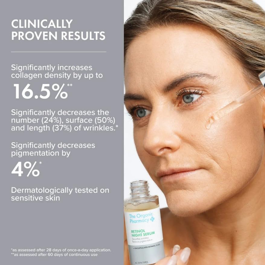The Organic Pharmacy Retinol Night Serum 30ml close-up label emphasizes pure, effective anti-ageing ingredients.