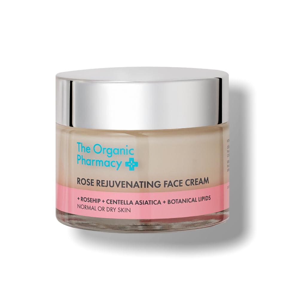 The Organic Pharmacy Rose Rejuvenating Face Cream jar emphasizing hydration and firmer skin