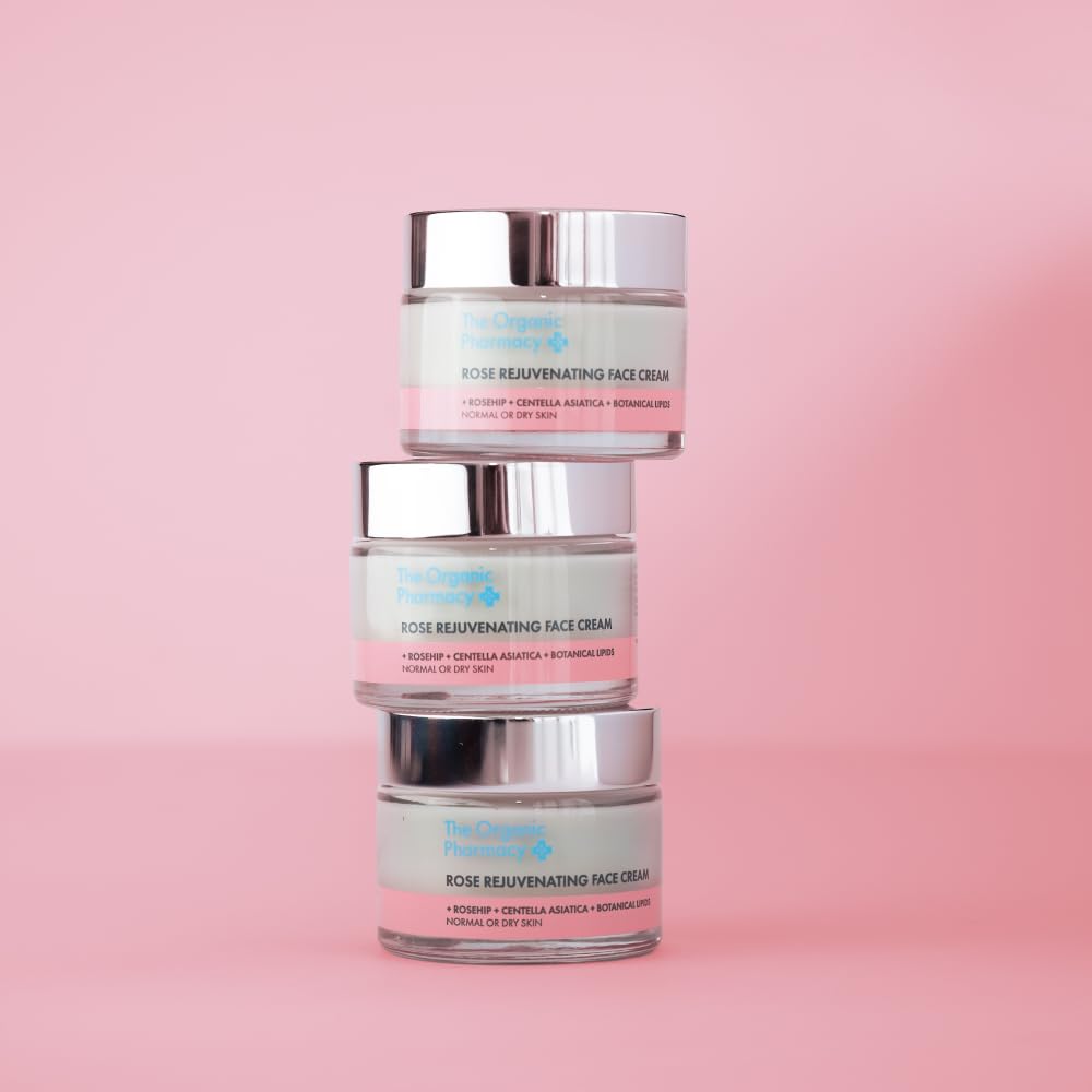 The Organic Pharmacy Rosehip Oil bottle, supporting skin cell renewal and radiance