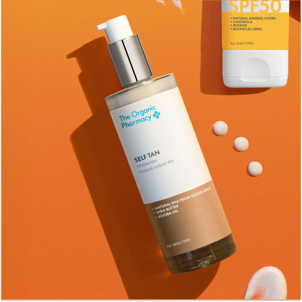 The Organic Pharmacy Self Tan Lotion creamy texture illustrating even spread across skin.
