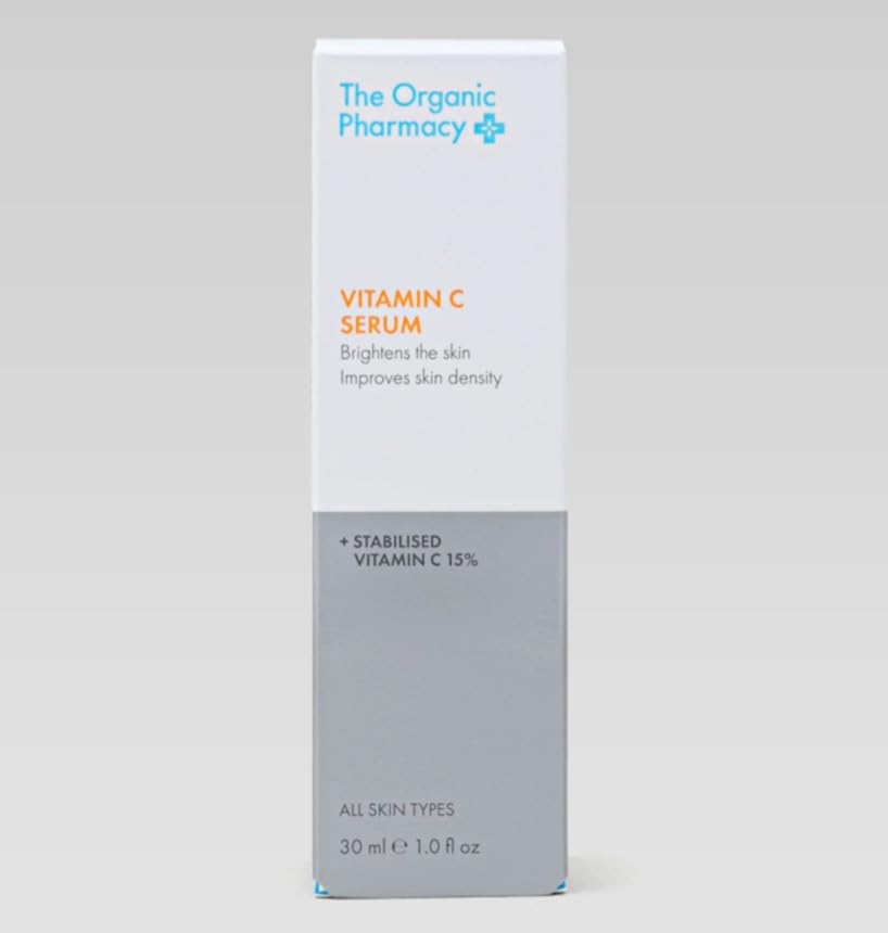 The Organic Pharmacy Stabilised Vitamin C Serum ingredients panel featuring stabilised vitamin C