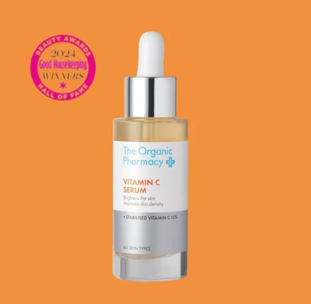 The Organic Pharmacy Stabilised Vitamin C Serum packaging in the UK with cruelty-free note