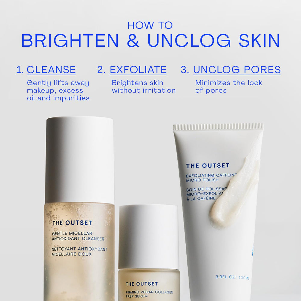 The Outset bottle and label showcasing vegan, fragrance-free formula for all skin types.
