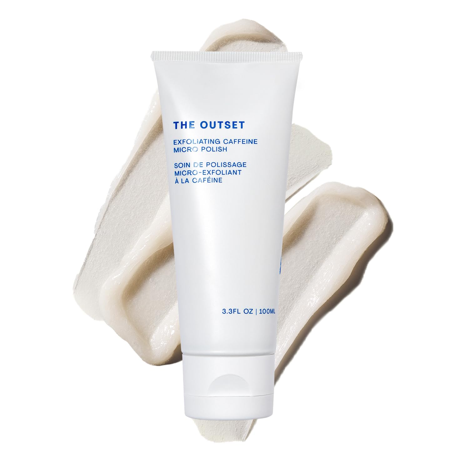 The Outset Exfoliating Caffeine Micro Polish jar shows gentle exfoliation for smoother skin.