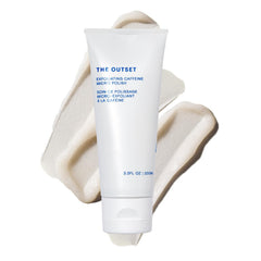 The Outset Exfoliating Caffeine Micro Polish jar shows gentle exfoliation for smoother skin.