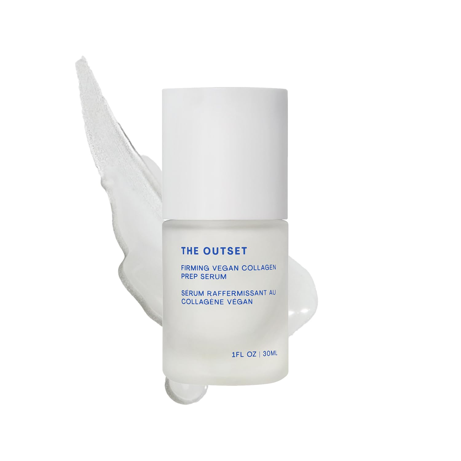 The Outset Firming Serum bottle closeup shows fragrance-free vegan formula for daily use