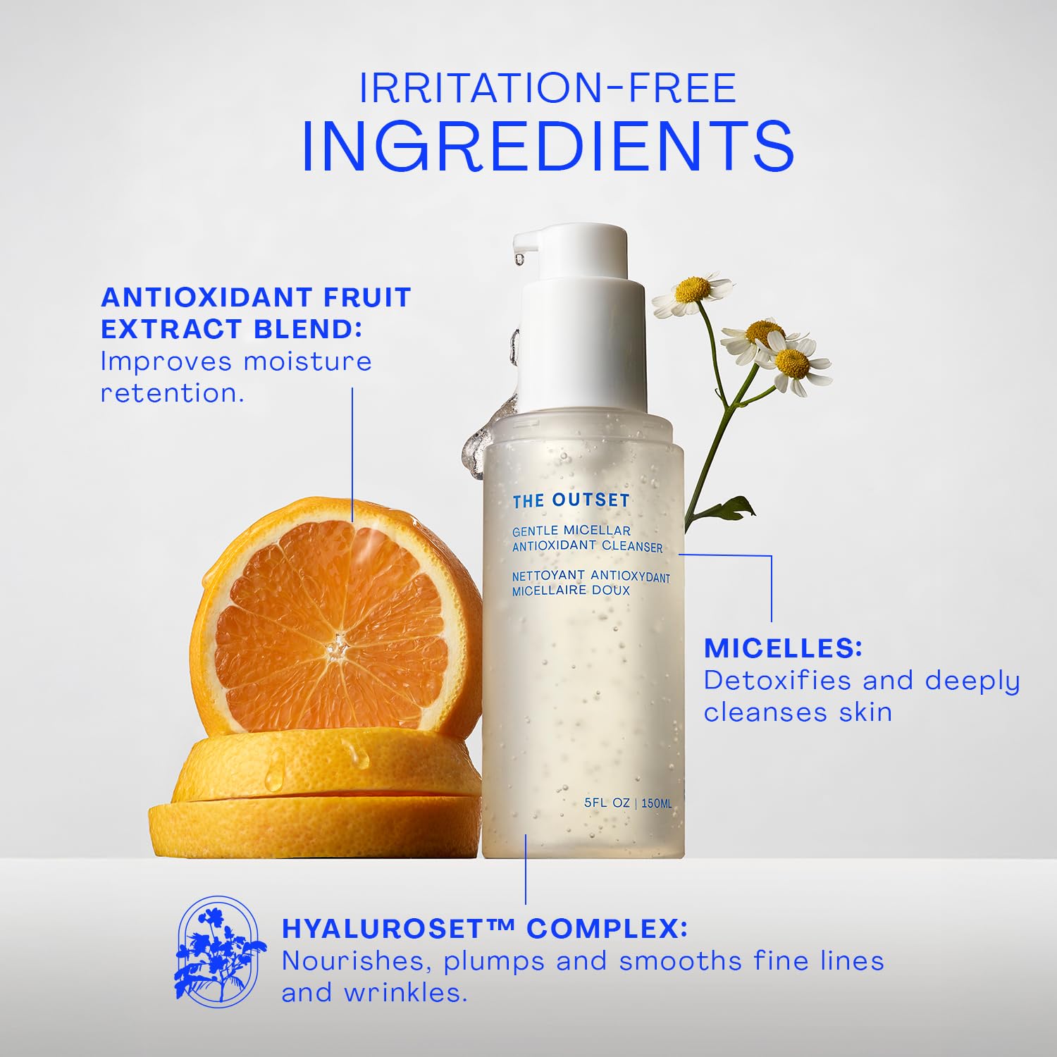 The Outset Gentle Micellar Cleanser massaged on skin for hydrating cleanse and balance