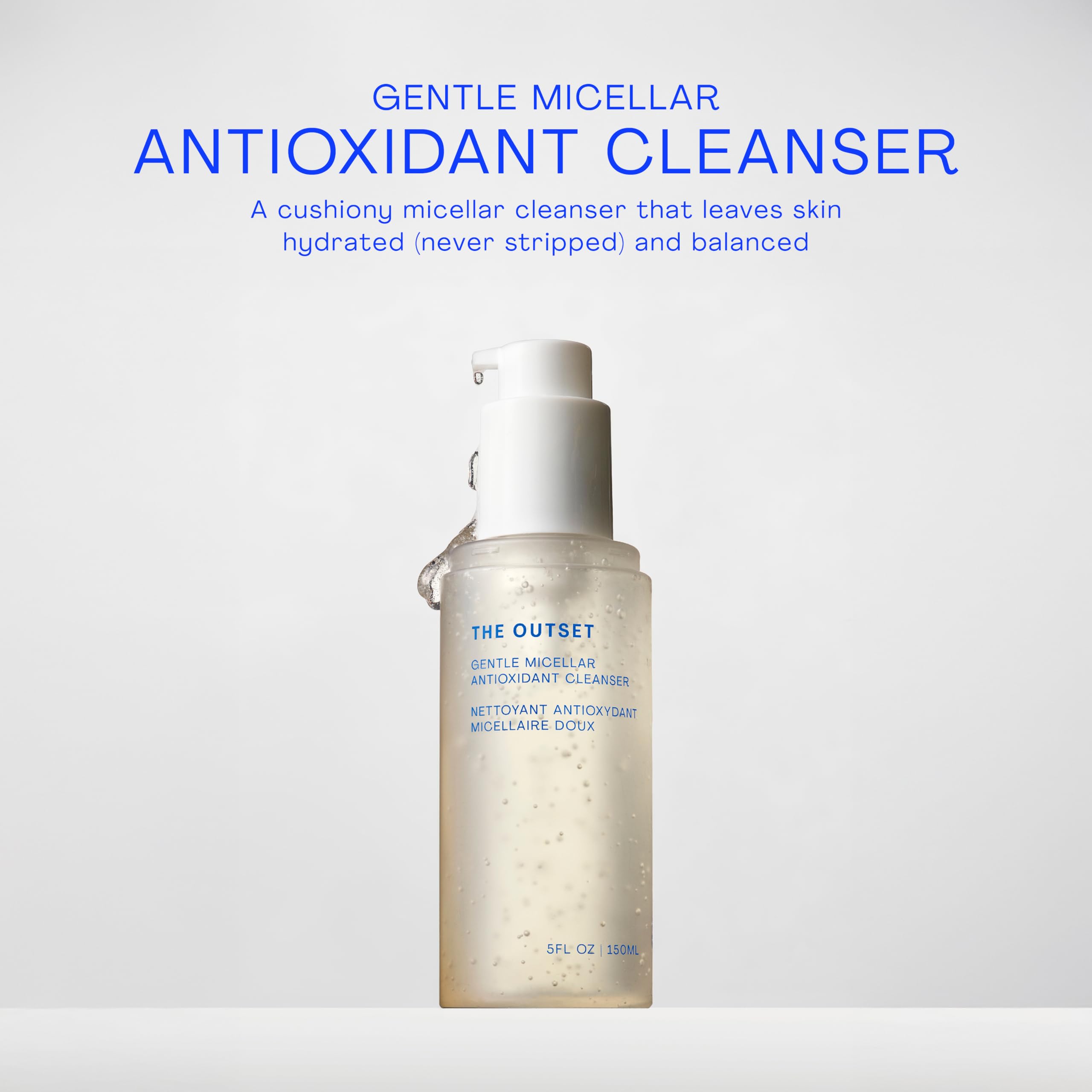 The Outset Gentle Micellar Cleanser bottle close-up with light foam for gentle cleansing