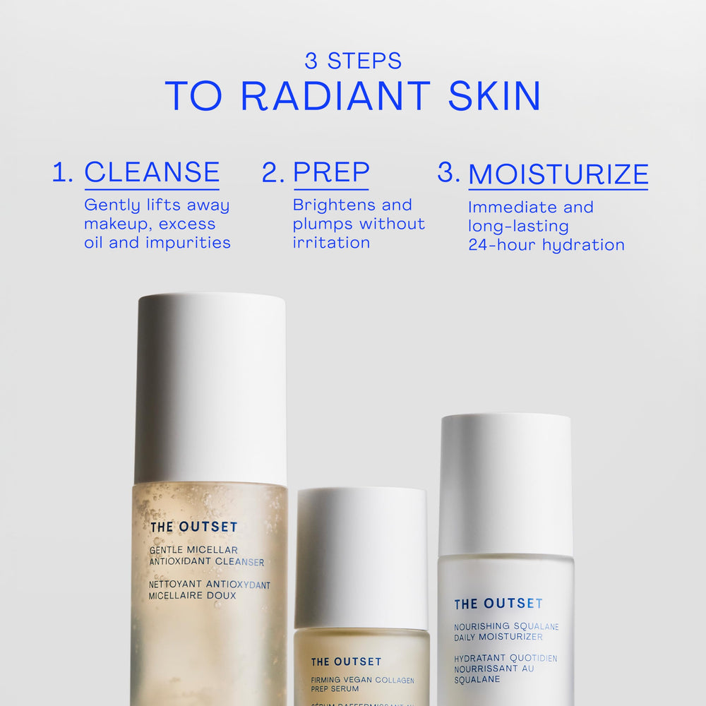The Outset Gentle Micellar Cleanser shown with prep serum and daily moisturizer in a routine